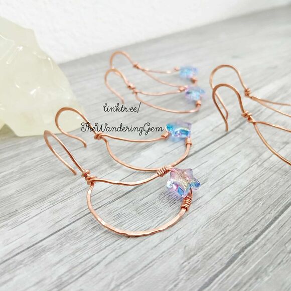 BOGO EARRINGS Upcycled Copper Star Beaded Crescent Moon Dangle Earrings, 2" - Picture 5 of 6